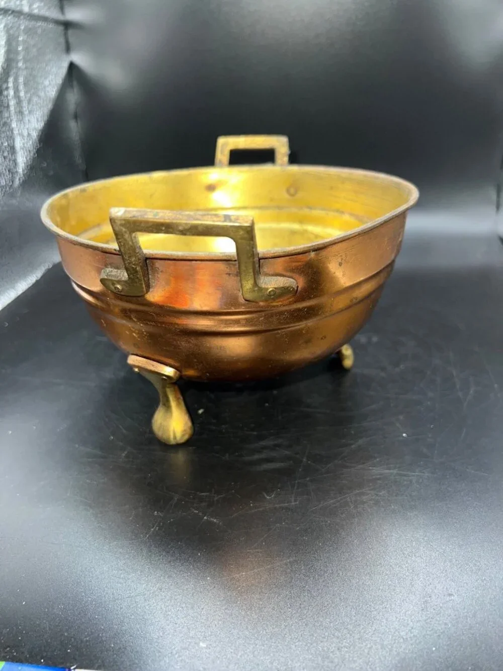 Vintage Copper & Brass Colander Bowl Handles Three Feet Rustic Perforated Patina